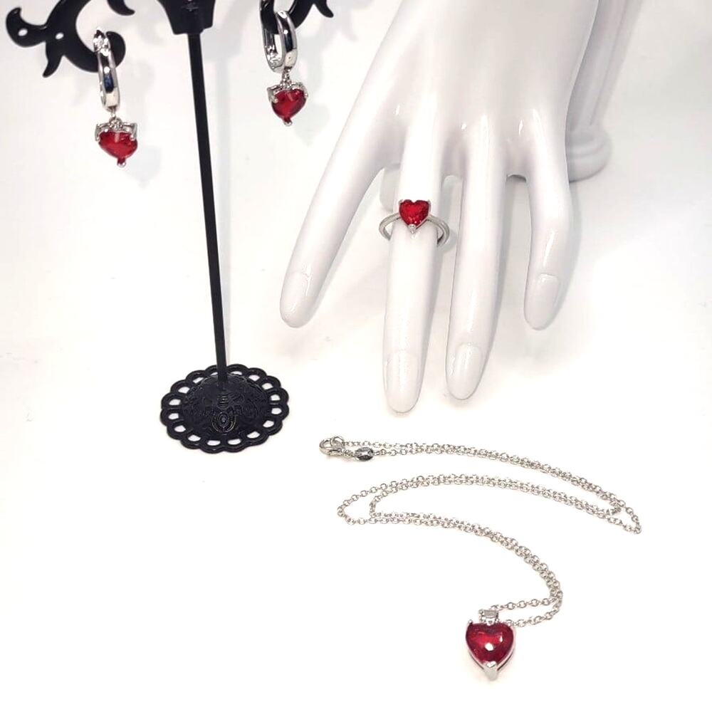 925 Silver Necklace Ring & Earring Set Red CZ Ruby Heart Stones Valentines Gift